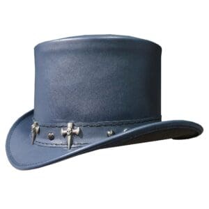 Tri Skull Cross Band Navy Leather Top Hat